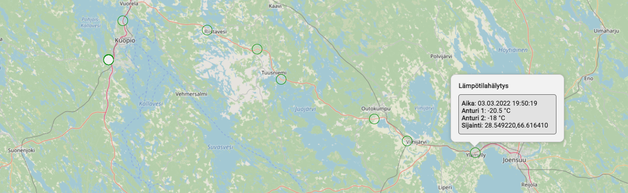 Paikannuspalvelu valvoo ja hälytää mitattavan tilan lämpötilatiedoista realiaikaisesti.