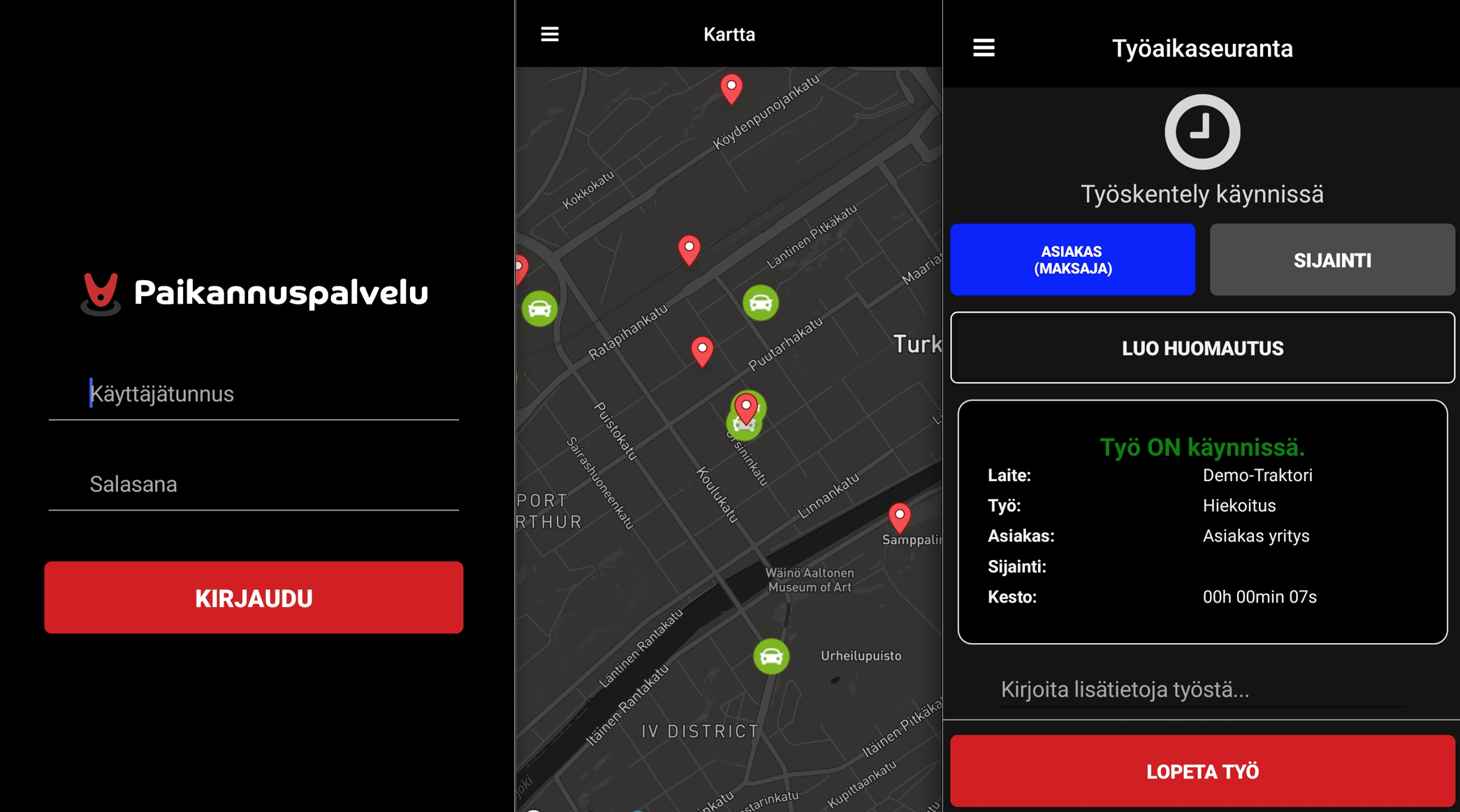 Paikannuspalvelun mobiilisovelluksella työajan raportointi käy suoraan työmaalta.